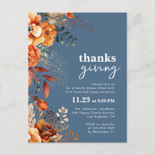 Einladung zum Thanksgiving-Dinner in floralem Blau Postkarte