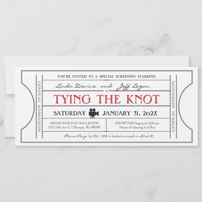 Einladung zum Vintagen Filmthema Hochzeitsticket (Vorderseite)