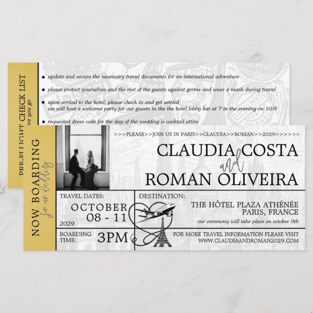 Einladung zum Yellow Paris Wedding Boarding Pass (Vorne/Hinten)