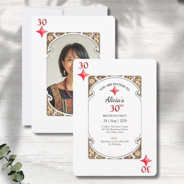 Einladung zur 30. Geburtstagskarte (30th birthday party invitations in an art deco playing card style on a grey wood background.)