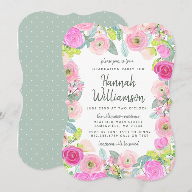 Einladung zur Absolventin der Pink Floral und Dots (Vorne/Hinten)