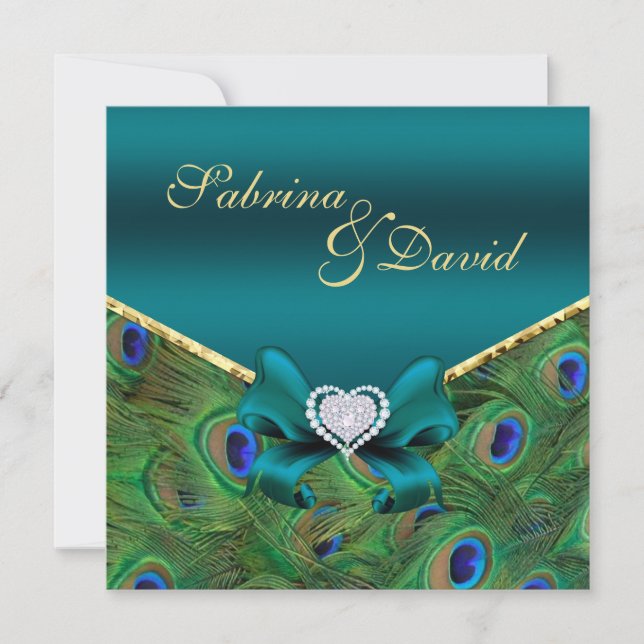 Einladung zur aquamarinen Pfauenhochzeit (Vorderseite)