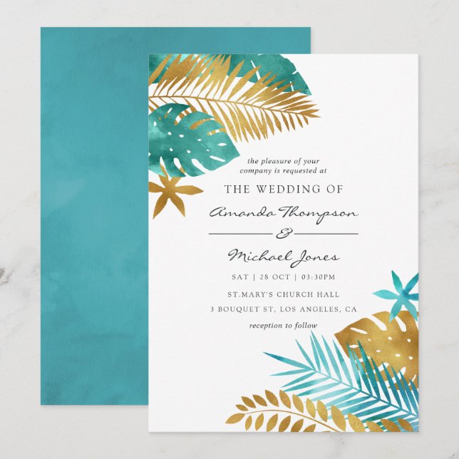Einladung zur aquamarinen und Gold Tropical Weddin (Vorne/Hinten)