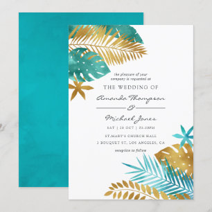 Einladung zur aquamarinen und Gold Tropical Weddin