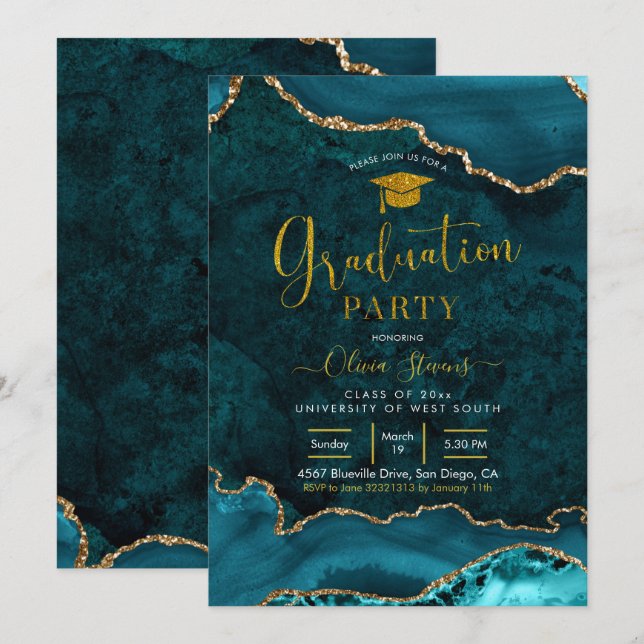 Einladung zur aquamarinen und goldenen Graduierten (Vorne/Hinten)