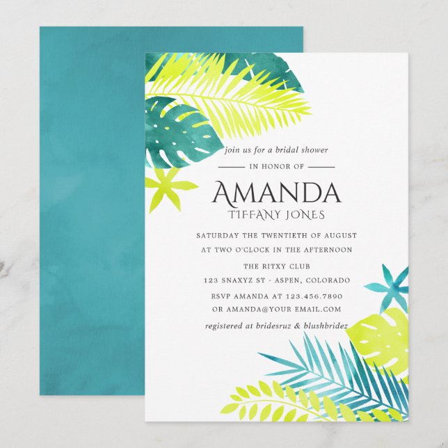 Einladung zur aquamarinen und Lemon Tropical Brida (Vorne/Hinten)