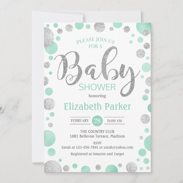 Einladung zur Baby Dusche - Grüne Minze Silberpunk (Vorderseite)