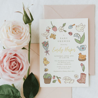 Einladung zur Babyparty mit Frühlingsgarten-Tieren