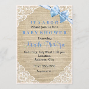 Einladung zur Babyparty mit Jute, Spitze und blaue