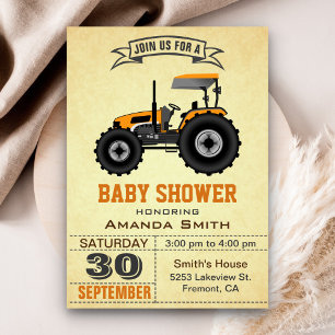 Einladung zur Babyparty mit orangem Farmtraktor