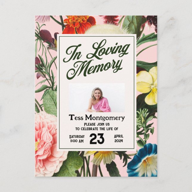 Einladung zur Beerdigung von Pink Floral Postkarte (Vorderseite)