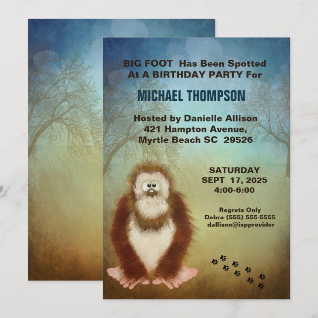 Einladung zur Big Foot Birthday Party (Vorne/Hinten)