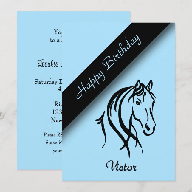 Einladung zur Birthday Party mit Blauem Pferd (Vorne/Hinten)