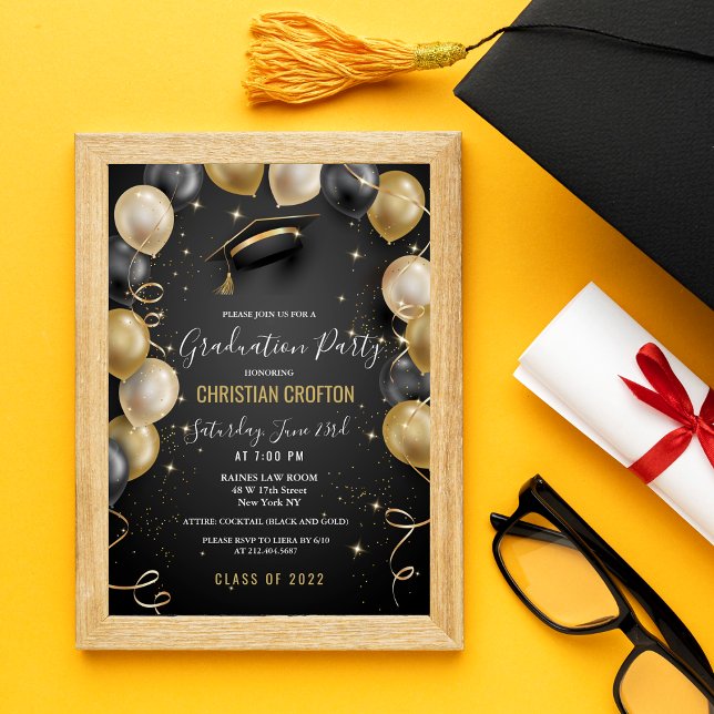 Einladung zur Black and Gold Balloon Graduation Pa (Von Creator hochgeladen)