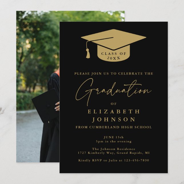 Einladung zur Black and Gold Foto Graduation Party (Vorne/Hinten)