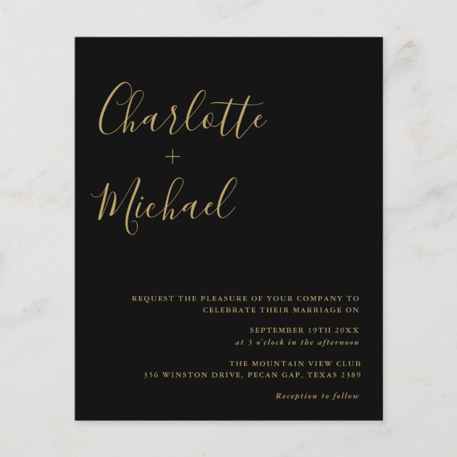 Einladung zur Black and Gold Script-Hochzeit (Vorderseite)