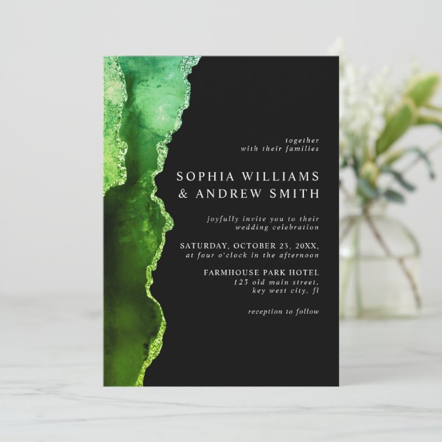 Einladung zur Black & Emerald Green Hochzeit (Stehend Vorderseite)