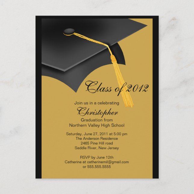 Einladung zur Black Gold Grad Cap Graduation Party (Vorderseite)