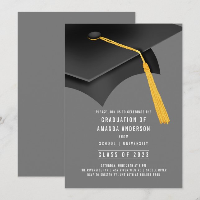 Einladung zur Black Grad Cap Gray Graduation Party (Vorne/Hinten)