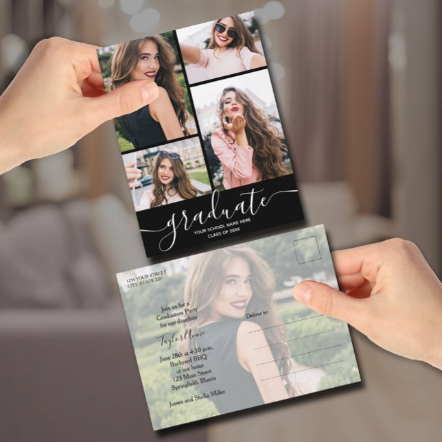 Einladung zur Black Graduation Party mit mehreren  Postkarte (Custom 5 photo graduation party invitation postcards
)