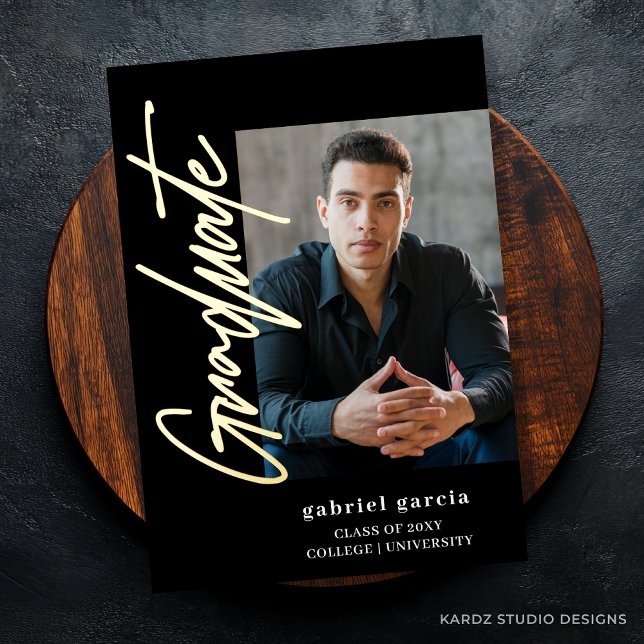 Einladung zur Black Modern Script Graduation Party (The front side of the announcement shown in a 5x7 in. with Gold Foil on script letters.)