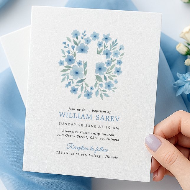 Einladung zur Blauen Blumenkreuz (blue floral cross baptism invite with envelope – modern and simple design)