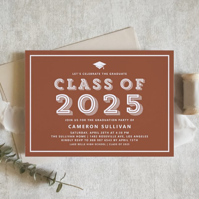 Einladung zur Blauen Retro-Typografy Graduation Pa (Boho Terracotta Class of 2025 Retro Graduation Invitation)