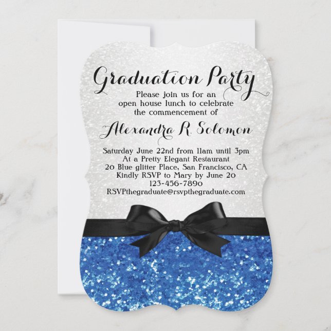 Einladung zur Blue Glitzer Look Bow Graduation Par (Vorderseite)
