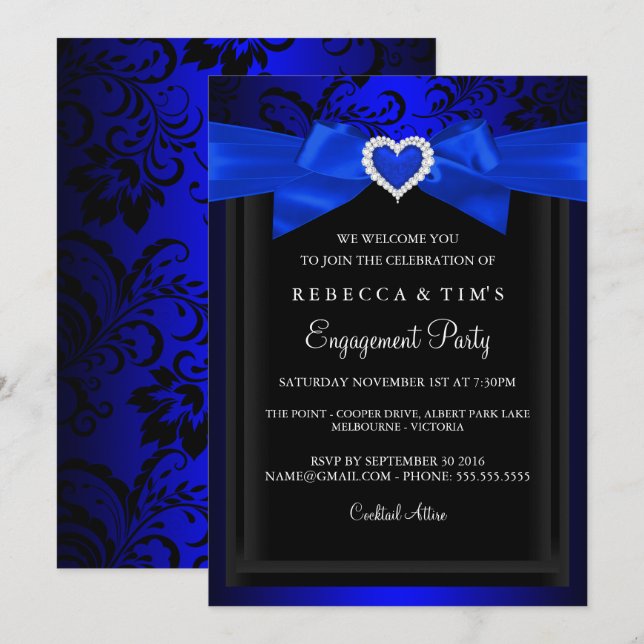 Einladung zur Blue Romantic Heart Engagement Party (Vorne/Hinten)