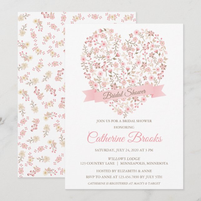 Einladung zur Blumendusche "Soft Pink Floral Heart (Vorne/Hinten)