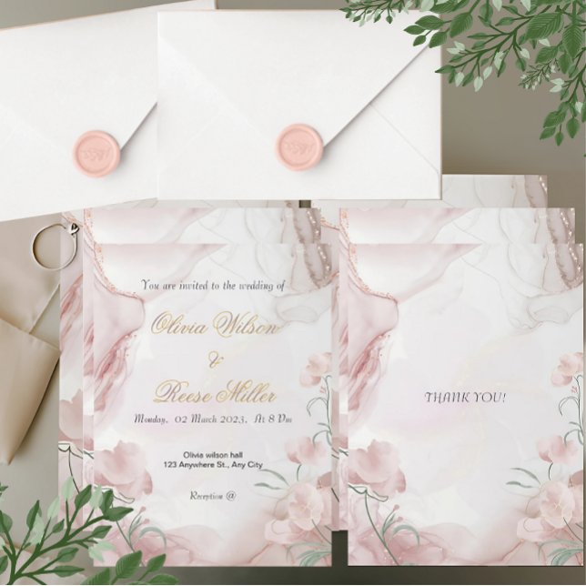 Einladung zur Blumenhochzeit (Elegant blush floral wedding invitation with watercolor design and gold accents for your special day)
