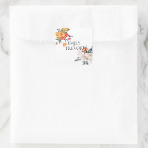 Einladung zur Blumenhochzeit in Orange und Weiß Quadratischer Aufkleber