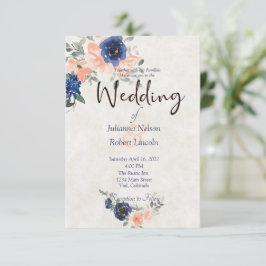 Einladung zur Blumenhochzeit in Pfirsich und Blau