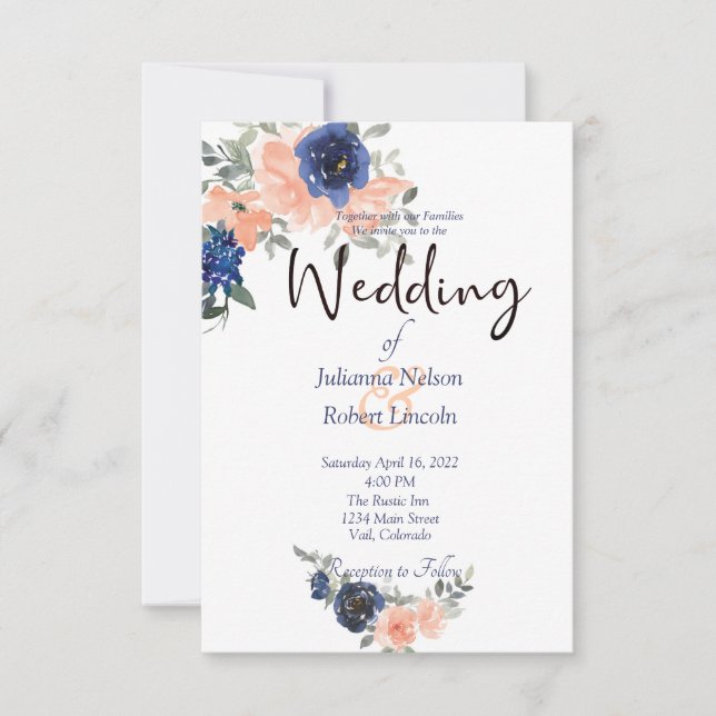 Einladung zur Blumenhochzeit in Pfirsich und Blau (Vorderseite)