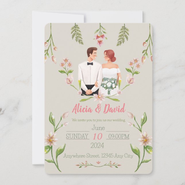 Einladung zur Blumenhochzeit mit Braut und Bräutig (Vorderseite)