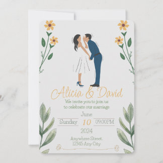 Einladung zur Blumenhochzeit mit Braut und Bräutig