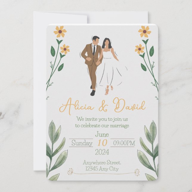 Einladung zur Blumenhochzeit mit Braut und Bräutig (Vorderseite)