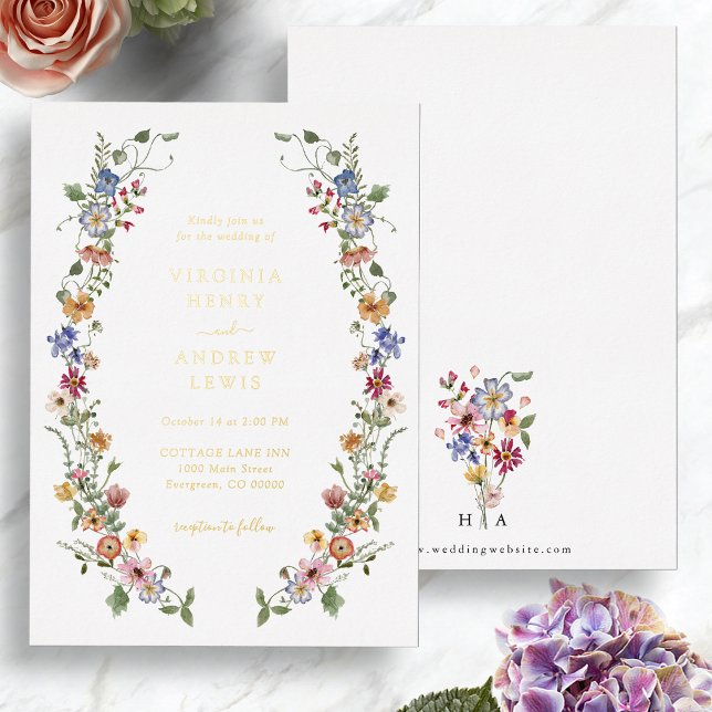 Einladung zur Blumenzellenfalte (Colorful Watercolor Floral Foil Wedding Invitation Monogrammed back by Painted Paperie
)