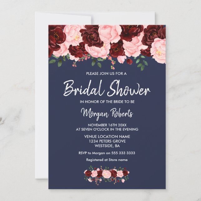 Einladung zur Blush Navy Blue Bridal Dusche in Bur (Vorderseite)