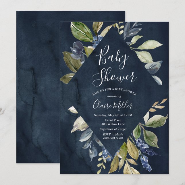 Einladung zur botanischen Navy-Baby-Dusche (Vorne/Hinten)