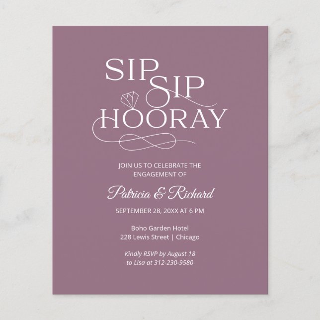 Einladung zur "Budget Sip Hooray Engagement Party" (Vorderseite)