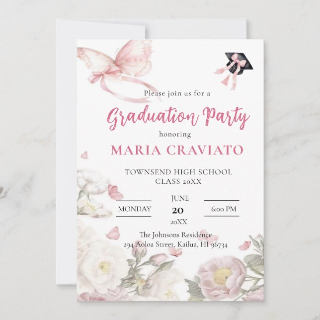 Einladung zur Butterfly & Floral Graduation Party (Vorderseite)