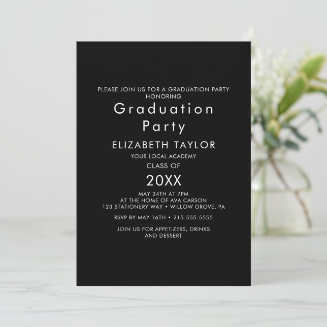 Einladung zur Chic Dark Black Graduation Party (Stehend Vorderseite)