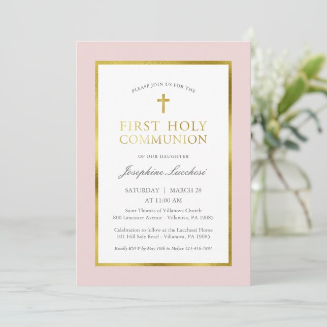 Einladung zur Communitation Classic Pink und Gold (Stehend Vorderseite)