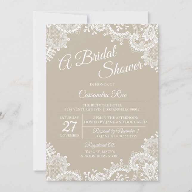 Einladung zur Dusche in Beige und Spitzen-Bridal (Vorderseite)