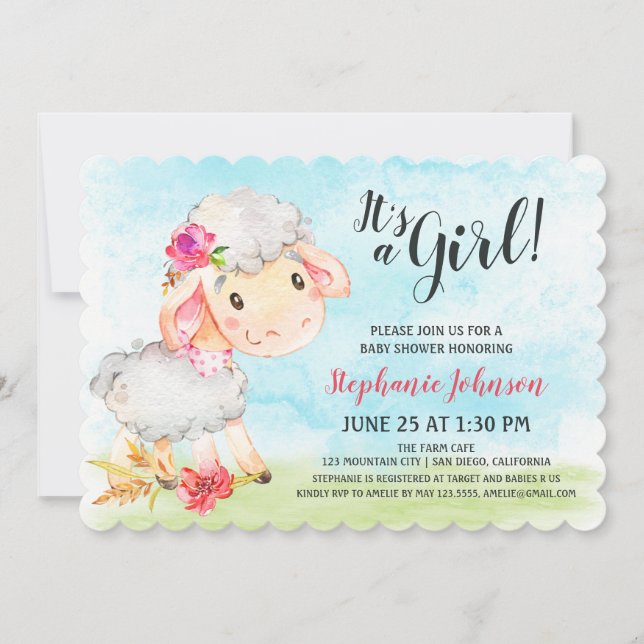 Einladung zur Duschfarm "Watercolor Girl Sheep" (Vorderseite)