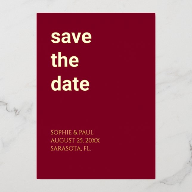 Einladung zur einfachen Burgundy Save the Date Foi (Vorderseite)