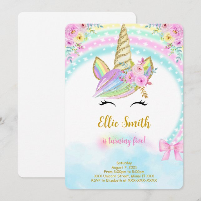 Einladung zur Einladung von Floral Unicorn (Vorne/Hinten)
