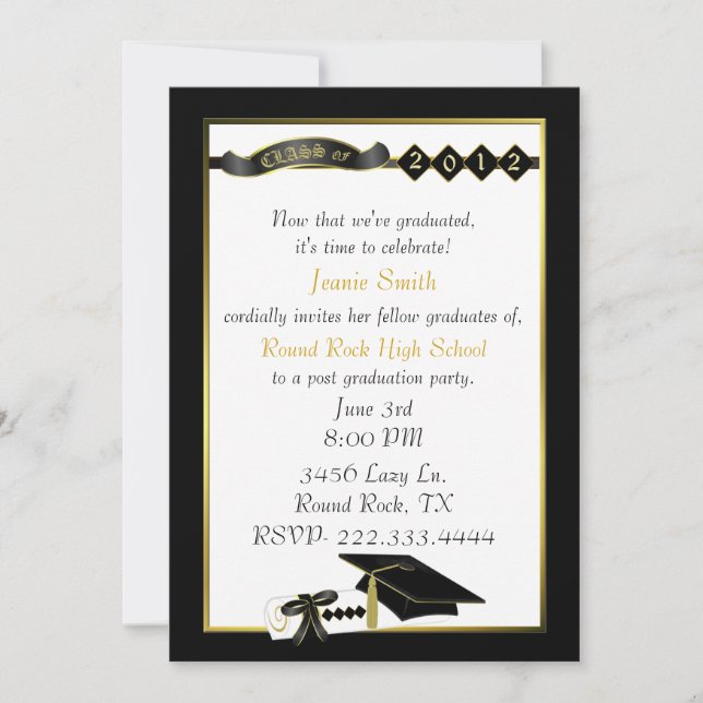 Einladung zur eleganten Black and Gold Graduation  (Vorderseite)