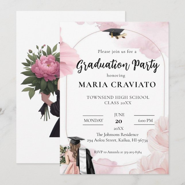 Einladung zur eleganten Blush Pink Bloral Graduati (Vorne/Hinten)